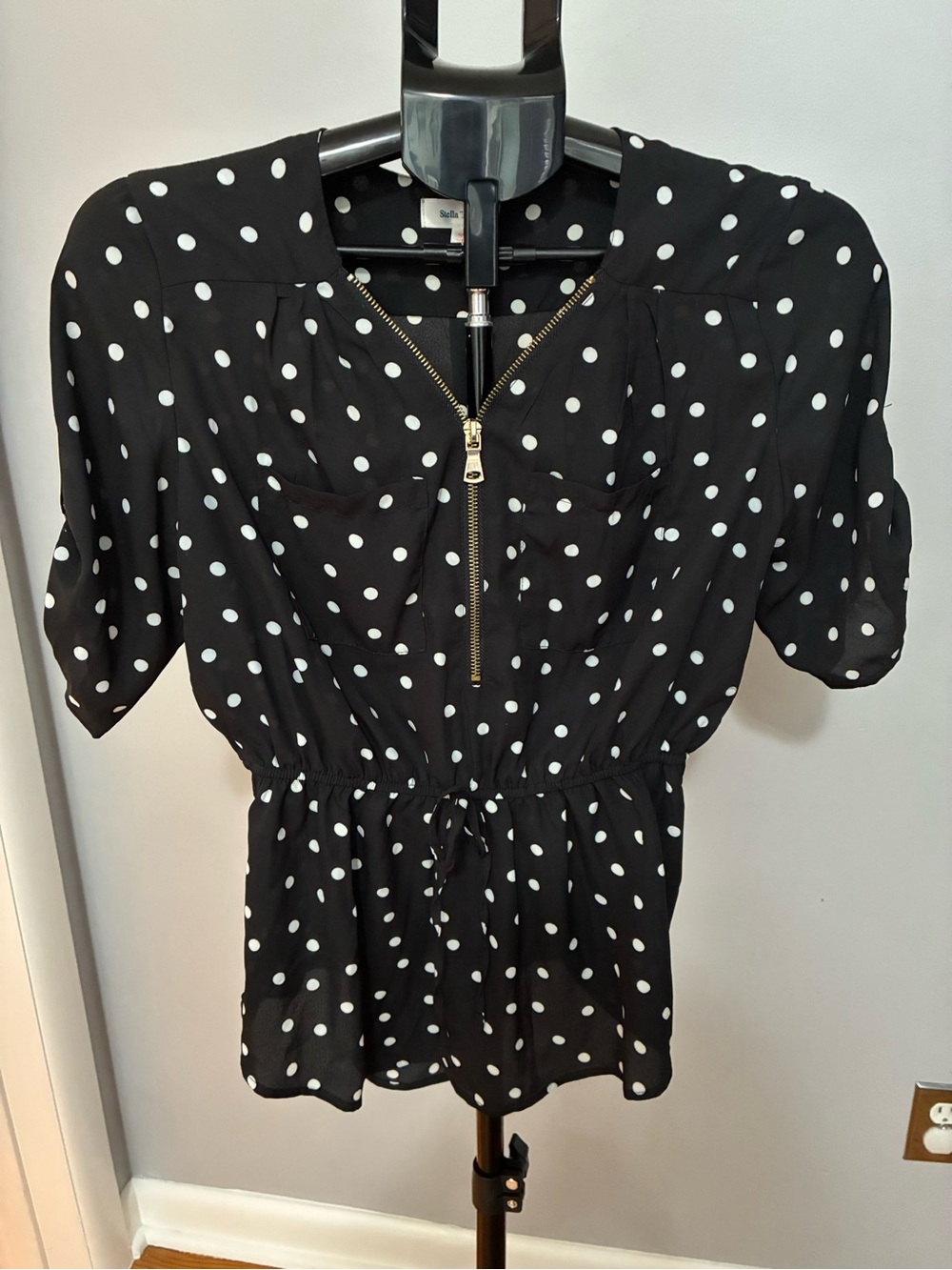 Stella Tweed Black Polka Dot Zip-Front Blouse